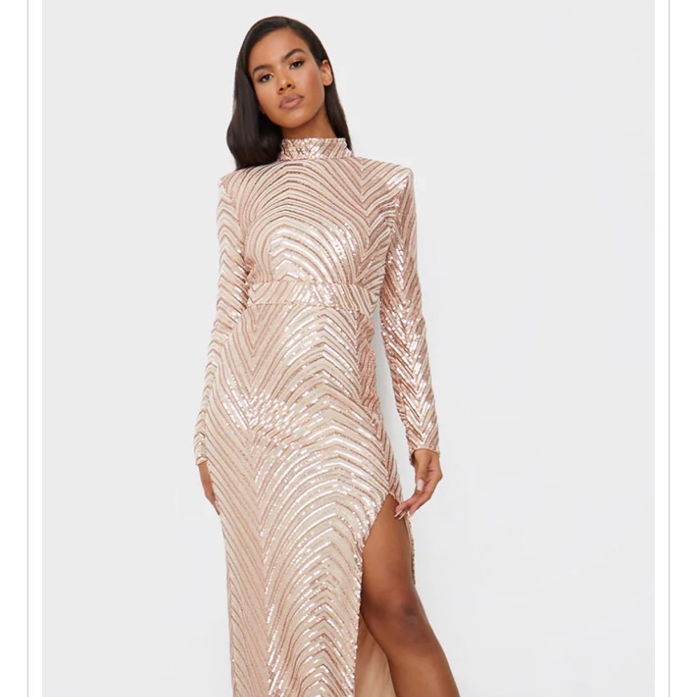 Rose Gold Patterned Sequin High Neck Maxi Dress